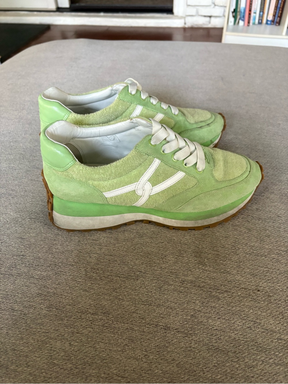 Veronica Beard Green Suede Platform Sneakers with White Accents